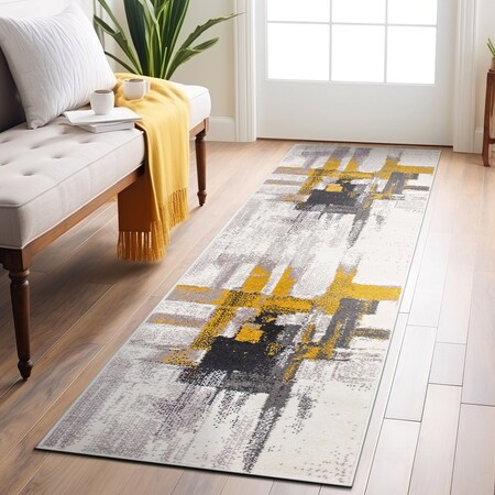 World Rug Gallery Contemporary Modern Abstract Runner Rug 2 ft 7 in x 8 ft Gold 950GOLD27X8