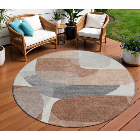 Homeroots 8' Rust And Gray Round Abstract Washable Indoor Outdoor Area Rug 632175