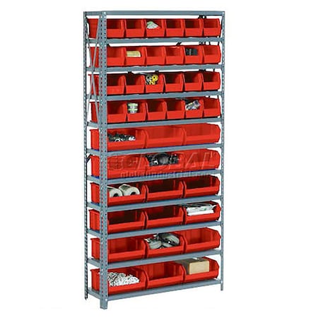 Global Industrial Steel Open Shelving - 15 Red Plastic Stacking Bins 8 Shelves - 36 x 18 x 73 506208RD