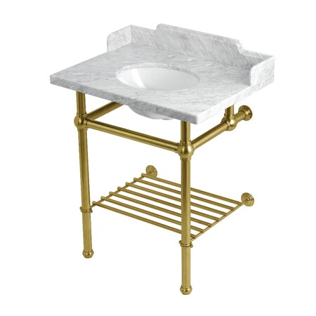 Kingston Brass 30-Inch Carrara Marble Console Sink with Brass Legs and Shelf, 8-Inch, 3-Hole LMS30MBB7