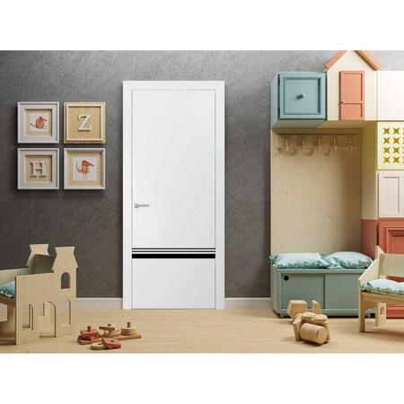 Sartodoors Modern Solid Interior Door with Handle, Planum 0012 White Silk and Aluminum Strips, Single Regural PLANUM0012ID-WS-4284
