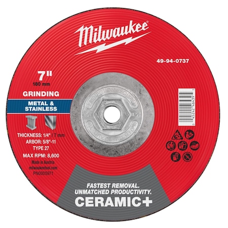 Milwaukee Tool Grinding Wheel, 7" dia. 49-94-0737