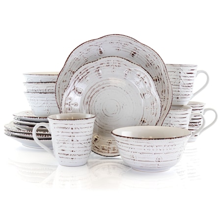 Elama Rustic Birch 16 Piece Stoneware Round Dinnerware Set in White EL-RUSTICBIRCH16