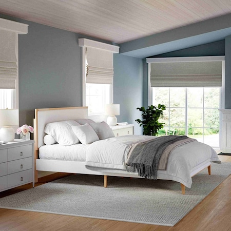 Martha Stewart Flynn Queen Size Solid Wood Platform Bed with Upholstered Base and Headboard, Wood Slat Bottom MG-0900272F-LTB-Q-WH-MS