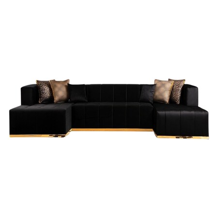 Homeroots Black Velvet U Shaped Three Piece Sofa and Chaise Sectional With Toss Pillows 643877