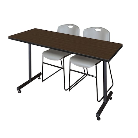 Regency Kobe T-Base Training Seminar Table W/ 2 Zeng Stack Chairs, 66 in W, 30 in L, Neo Walnut MKTRCT6630NW44GY