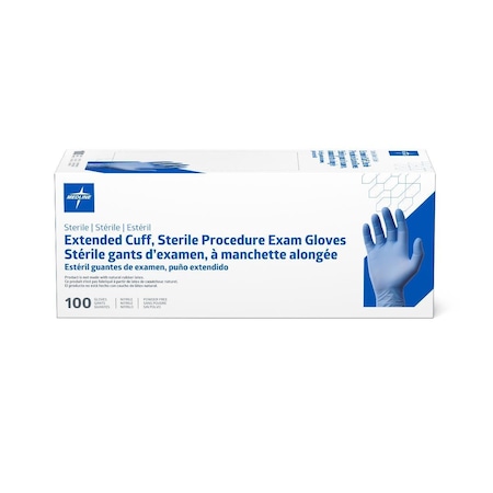 Medline Extended Cuff Exam Gloves, Nitrile, Powder-Free, Single Glove, Sterile, Size M, 100PK MDS198515Z