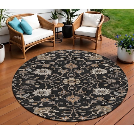 Homeroots 8' Black Brown And Ivory Round Floral Washable Indoor Outdoor Area Rug 604745