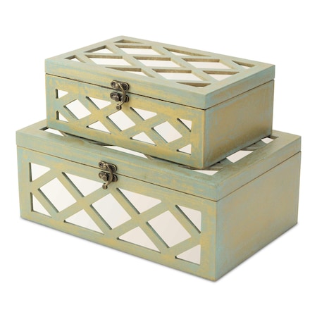 Homeroots Set of Two Blue And White Wood And Mirrored Glass Box With Lid, 2PK 489378