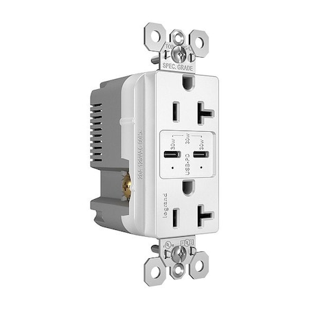 Pass & Seymour USB Receptacle, 20 A, White, Nylon TR20USBPDW