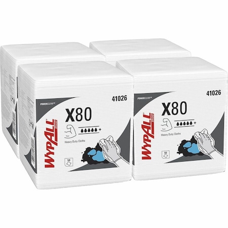 Wypall WypAll PowerClean X80 Heavy Duty Cloths (41026), Quarterfold, Extended Use Towels, White, PK4 41026