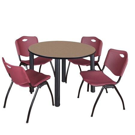 Regency Round Kee Breakroom Table W/ 4 M Stack Chairs, 42 in W, 42 in L, Noble Oak TB42RNDNOBPBK47BY
