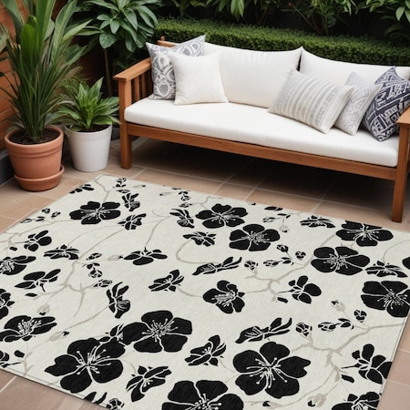 Homeroots 10' X 14' Ivory And Black Floral Washable Indoor Outdoor Area Rug 600011