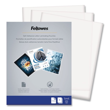 Fellowes Self-Adhesive Laminating Pouches, 5 mil, 9" x 11.5", Gloss Clear, PK5 52205