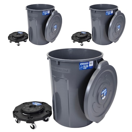 Magnum Tool Gray 44 Gallon Trash Can Set, Trash Can, Quiet Dolly, and Reinforced Lid, 3 Set CMTC-CLD0-44G03