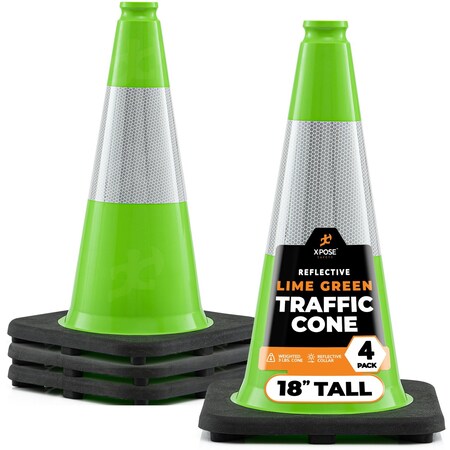 Xpose Safety Traffic Safety Cone, 18 in, Premium  PVC, 6 in Reflective Collar, Lime Green, 4 pk LTC18-6-4-X-S