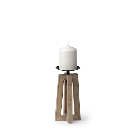 Homeroots 9" Light Brown Distressed Geometric Solid Wood And Metal Tabletop Pillar Candle Holder 608523