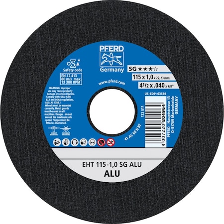 Pferd Cut-Off Wheel, Type 1, 4-1/2 in Dia, 0.040 in Thick, 7/8 in Arbor Hole Size, Aluminum Oxide 63589