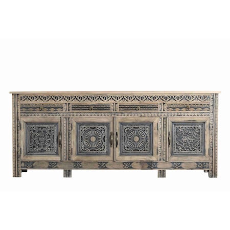 Homeroots 102" Natural And Black Distressed Solid Wood Carved Geometric Four Drawer Sideboard with Four Doors 642290