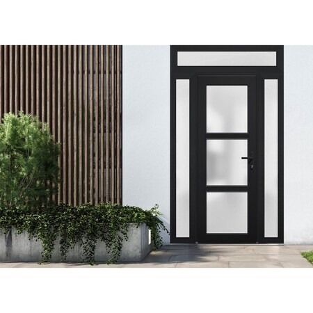 Vdomdoors Front Exterior Prehung FiberGlass Door Frosted Glass / Manux 8552 Matte Black / 2 Sidelight and Tra MANUX8552EXD-BLK-W14+30+14 x H80+14-LH