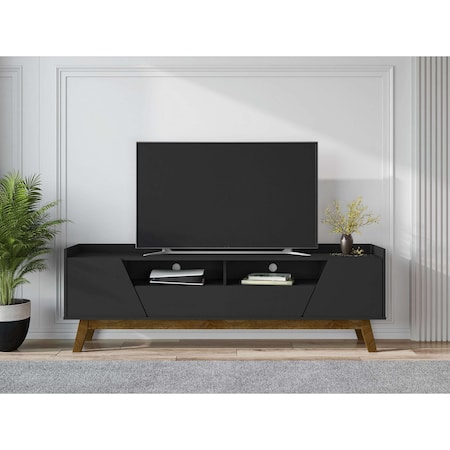 Manhattan Comfort Mid-Century Modern Marcus 70.86 TV Stand with Solid Wood Legs in Matte Black 261BMC8