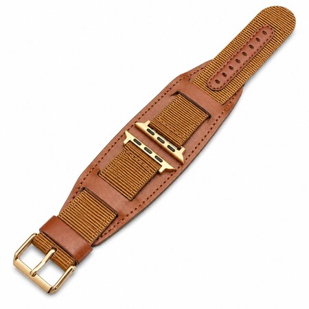 Elegani Canvas Band Compatible with Apple Watch 45mm, Brown, Brown/Rose Gold/Yellow Gold Buckle NLT-BRN-45