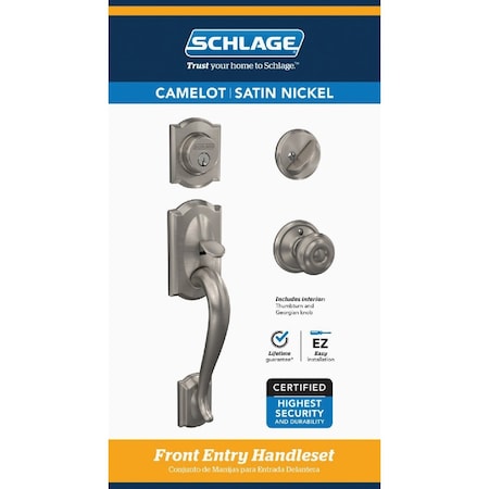 Schlage Camelot Satin Nickel Entry Door Handleset with Single Cylinder Deadbolt & Georgian Knob F60GCAM619GEO