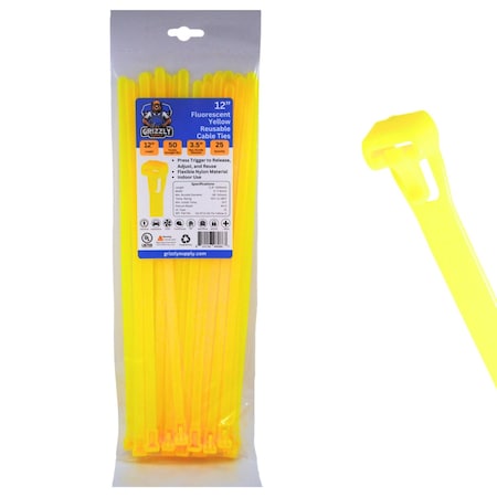 Grizzly Supply Releasable Cable Tie, 12 in L, 50 lb Strength, 3.3 in Max Bundle Dia, Nylon 6/6, Flo Yellow, 25PK GS-RT12-50-Flo Yellow-Q
