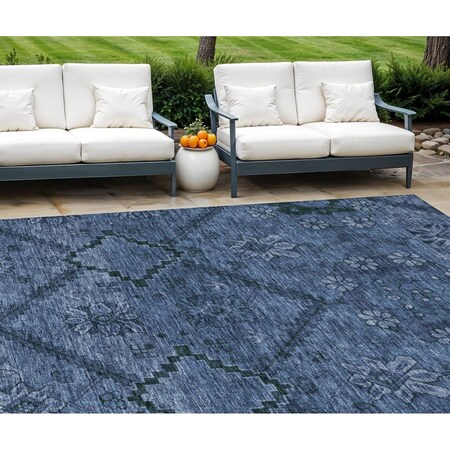 Homeroots 9' X 12' Navy Blue And Denim Blue Floral Washable Indoor Outdoor Area Rug 588898
