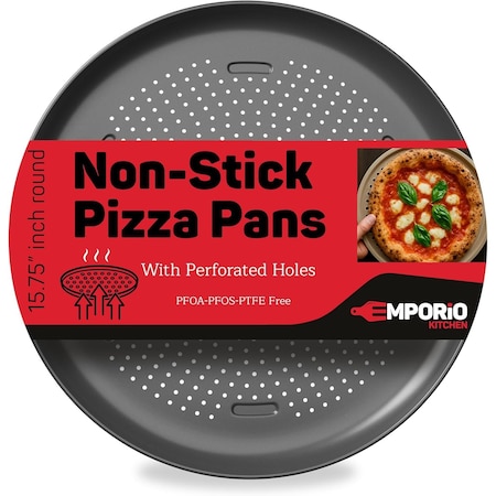 Emporio Kitchen Non-Stick Pizza Pan, 16in Carbon Steel, Perforated, Silver Coating, Oven Safe to 450 DegF EMPPIZ01456