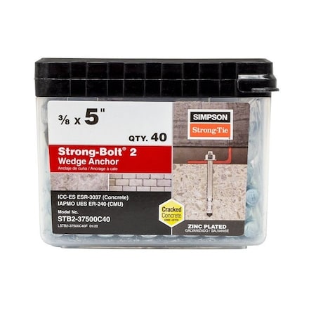 Simpson Strong-Tie Strong-Bolt 2 Wedge Anchor, 3/8 in Dia, 5 in L, Carbon Steel, Zinc Plated STB2-37500C40