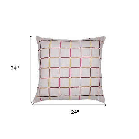 Homeroots 24" White Check Cotton Blend Throw Pillow With Embroidery 549437