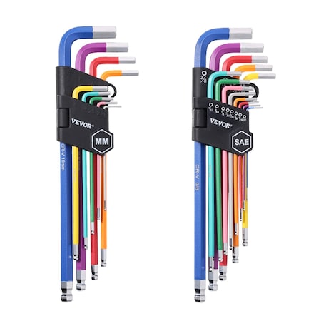 Vevor Hex Key Allen Wrench Set 22pcs SAE and Metric Long Arm Ball End Key Set, 2PK RLHK-001