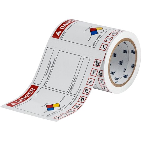 Brady GHS DANGER Write-On Label, 4in H x 6.0in W x .004in D, Vinyl, 100PK 148805