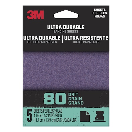 3M Ultra Durable Power Sanding 1/4 Sheet, 80 grit, 5 pk, 20PK 1/4SHT5PK80