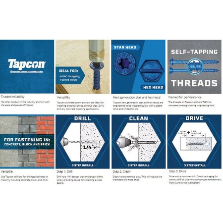 Tapcon 3/16'' x 2-1/4'' Star Drive Flat Head Concrete Screw Anchors, 25 Ct. 28260