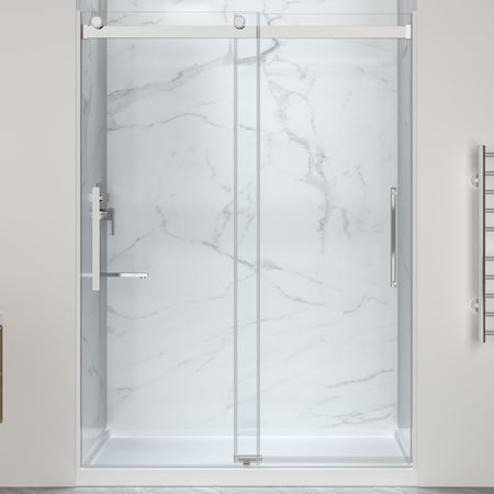 Anzzi 76'' x 45-48'' Sliding Frameless Shower Door in Polished Chrome with Alcove Center Drain Shower Base SD-5901103C-CH