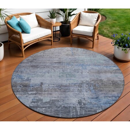 Homeroots 8' Gray And Blue Round Abstract Washable Indoor Outdoor Area Rug 616234