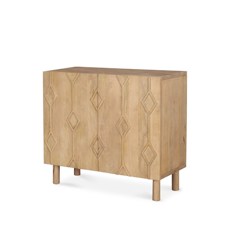 Homeroots 36in Natural Solid Wood Carved Geometric Accent Cabinet With Two Doors 611061
