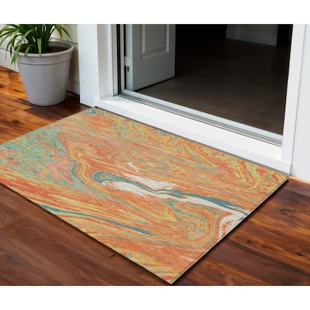 Homeroots 3' X 5' Orange Green And Beige Abstract Washable Indoor Outdoor Area Rug 602653