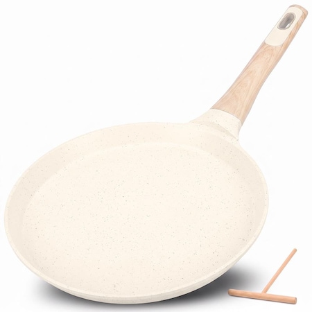 Nutrichef 11 in Non-Stick Crepe Pan with Wooden Spreader, Durable Marble Coated Dosa Pan, Bakelite And Wood NCMKCP002411WT