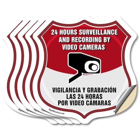 Signmission Bilingual 24 Hour Surveillance Shield Si, 4 inch X 4 inch, Vinyl Decal, 5PK SHI-D-5PACK-4-363