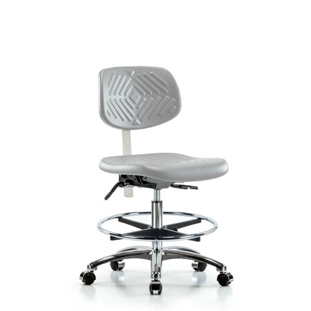 Blue Ridge Ergonomics Class 100 Poly Clean Room Chair-Medium Bench Ht with Seat Tilt, Chr Foot Ring, &Casters in Gray Poly NCR-PMBCH-CR-T1-A0-CF-CC-GRY