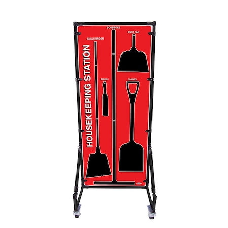 5S Supplies Housekeeping Shadow Board Broom Station V5, Red / Black Shadows, No Broom + Stand HSB-V5-RED-BO-STAND