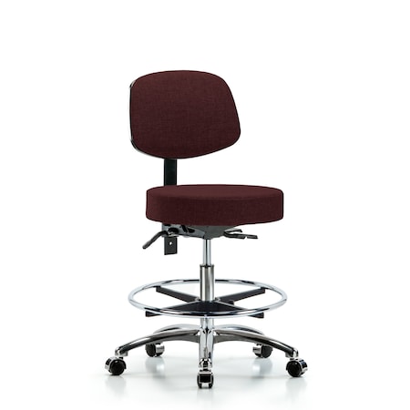 Blue Ridge Ergonomics Fab Stool with Back Chr-Medium Bench Height with Seat Tilt, Chr Foot Ring, and Casters in Burgundy Fab BR-FMBST-CR-T1-CF-CC-F41