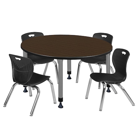 Regency Round Kee Adjustable Classroom Table W/ 4 Andy Stack Chairs, 48 in W, 48 in L, Neo Walnut TB48RNDNWAPGY45BK