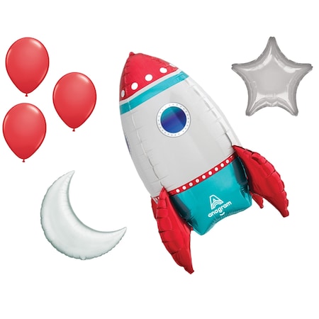 Loonballoon Space, Alien, Rocket Theme Balloon Set, 21in. Rocket Ship Air-Fill Balloon Decor, Star, Moon Foil 96179