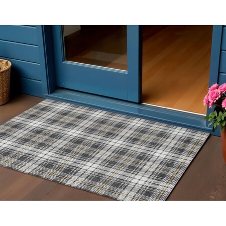 Homeroots 3' X 5' Charcoal Ivory And Gold Plaid Washable Indoor Outdoor Area Rug 597099