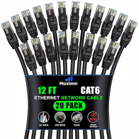 Maximm Cat6 Ethernet Cable 12ft 10Gbps 550MHz UTP, 20PK, Black, 20PK CAT6CCA-12BK-20PK