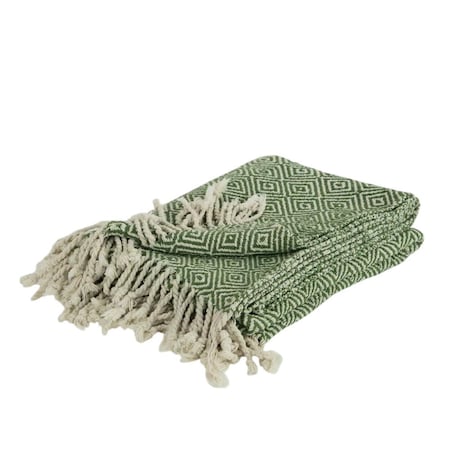 Homeroots 50" X 60" Green Cotton Woven Geometric Throw Blanket with Fringe 518809